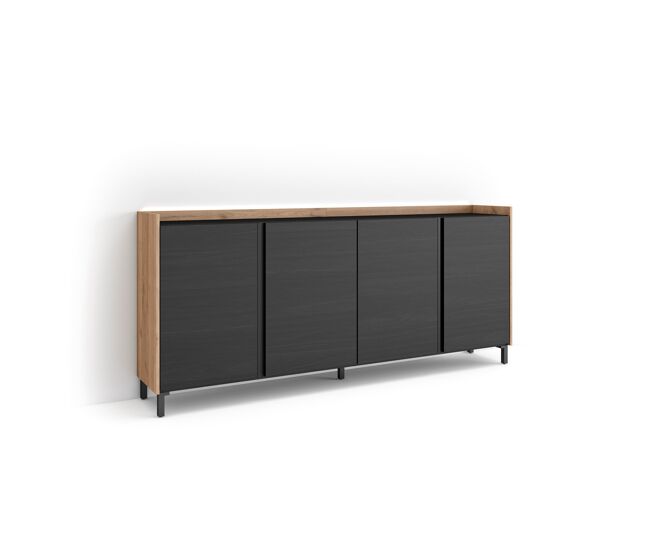 Aparador para salón, gran capacidad de almacenaje, 207x35x91cm, 4 puertas, diseño industrial, led, estilo moderno, negro y roble
