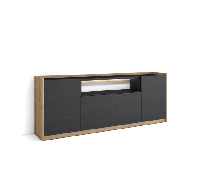 Aparador para salón, gran capacidad de almacenaje, 207x37x80cm, 4 puertas, led, estilo moderno, negro y roble