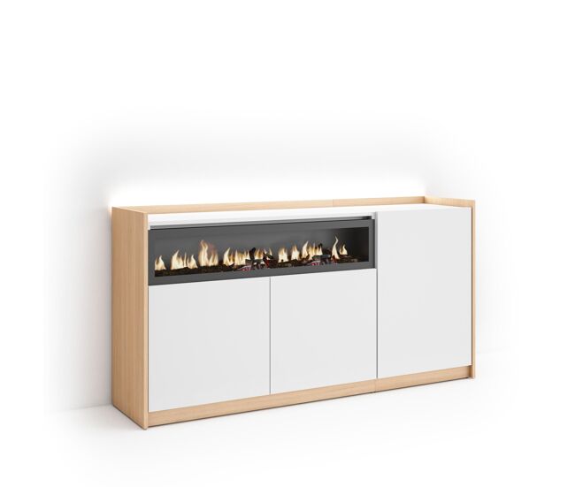 Aparador para salón, gran capacidad de almacenaje, 156x37x80cm, 3 puertas, chimenea eléctrica, led, estilo moderno, blanco y roble soft