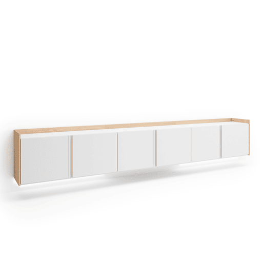 Móvel de TV, Muito espaço de arrumação, 309x35x50cm, Para televisores até 80, Suspensos, LED, Estilo moderno, Branco e Carvalho soft Móvel de TV, Muito espaço de arrumação, 309x35x50cm, Para televisores até 80, Suspensos, LED, Estilo moderno, Branco e Carvalho soft