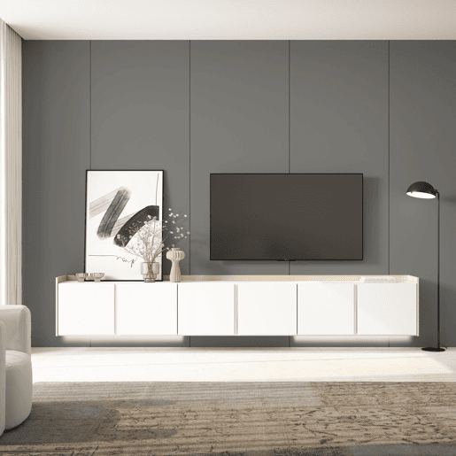 Móvel de TV, Muito espaço de arrumação, 309x35x50cm, Para televisores até 80, Suspensos, LED, Estilo moderno, Branco e Carvalho soft Móvel de TV, Muito espaço de arrumação, 309x35x50cm, Para televisores até 80, Suspensos, LED, Estilo moderno, Branco e Carvalho soft