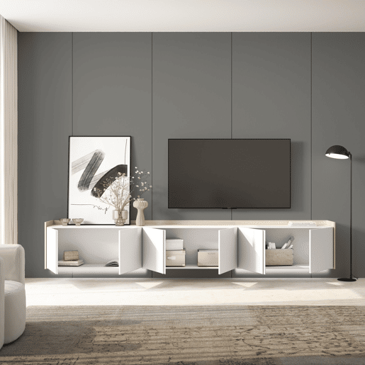 Móvel de TV, Muito espaço de arrumação, 309x35x50cm, Para televisores até 80, Suspensos, LED, Estilo moderno, Branco e Carvalho soft Móvel de TV, Muito espaço de arrumação, 309x35x50cm, Para televisores até 80, Suspensos, LED, Estilo moderno, Branco e Carvalho soft