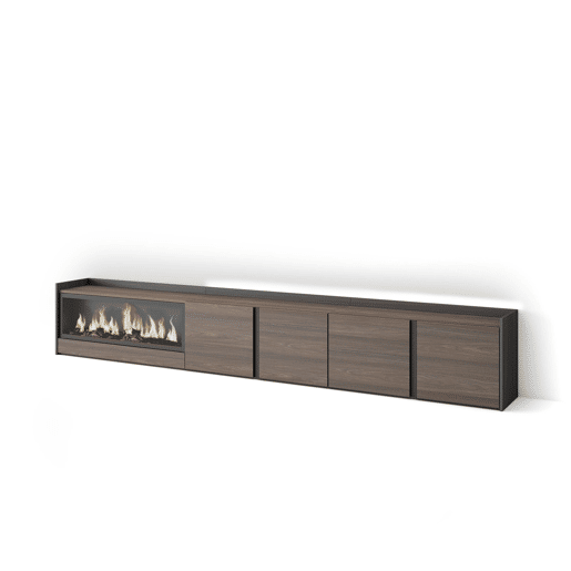 Móvel de TV, Muito espaço de arrumação, 315x35x50cm, Para televisores até 80, Lareira eléctrica XXL, LED, Estilo moderno, Carvalho escuro e Preto