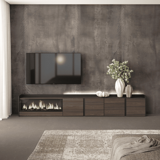 Móvel de TV, Muito espaço de arrumação, 315x35x50cm, Para televisores até 80, Lareira eléctrica XXL, LED, Estilo moderno, Carvalho escuro e Preto
