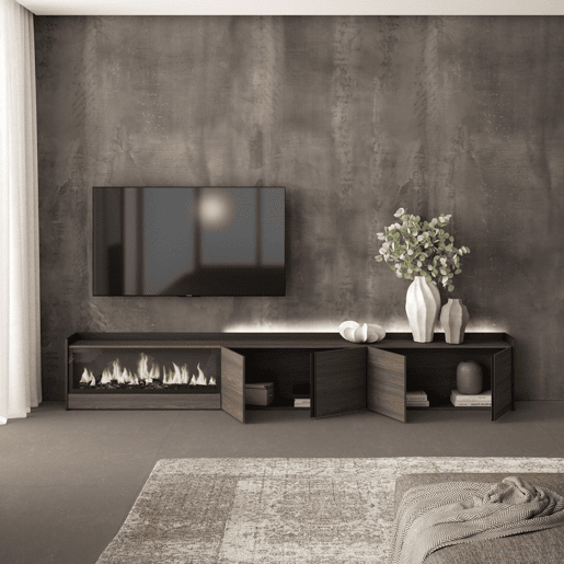 Móvel de TV, Muito espaço de arrumação, 315x35x50cm, Para televisores até 80, Lareira eléctrica XXL, LED, Estilo moderno, Carvalho escuro e Preto