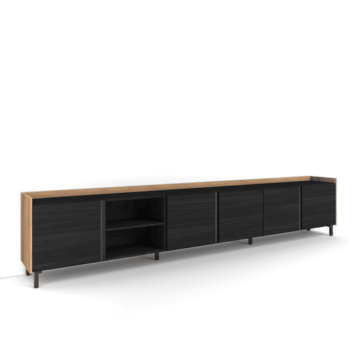 Móvel de TV, Muito espaço de arrumação, 309x35x61cm, Para televisores até 80, Design industrial, Estilo moderno, Preto e Carvalho