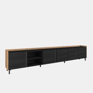 Móvel de TV, Muito espaço de arrumação, 309x35x61cm, Para televisores até 80, Design industrial, Estilo moderno, Preto e Carvalho