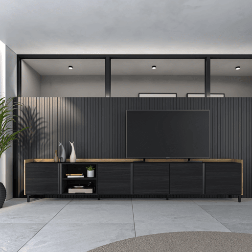 Móvel de TV, Muito espaço de arrumação, 309x35x61cm, Para televisores até 80, Design industrial, Estilo moderno, Preto e Carvalho