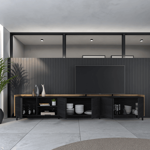 Móvel de TV, Muito espaço de arrumação, 309x35x61cm, Para televisores até 80, Design industrial, Estilo moderno, Preto e Carvalho