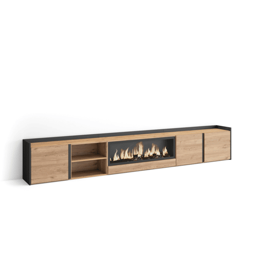 Móvel de TV, Muito espaço de arrumação, 315x35x50cm, Para televisores até 80, Lareira eléctrica XXL, Estilo moderno, Carvalho e preto