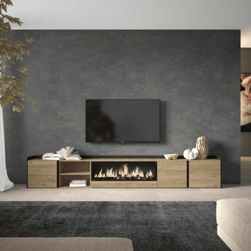 Móvel de TV, Muito espaço de arrumação, 315x35x50cm, Para televisores até 80, Lareira eléctrica XXL, Estilo moderno, Carvalho e preto