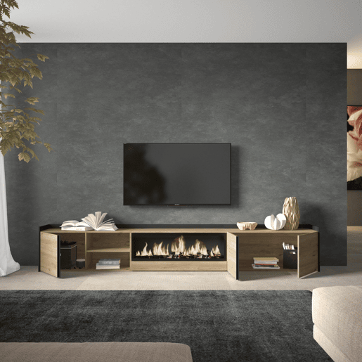 Móvel de TV, Muito espaço de arrumação, 315x35x50cm, Para televisores até 80, Lareira eléctrica XXL, Estilo moderno, Carvalho e preto