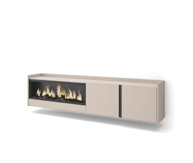 Mueble tv, televisión, muebles de salón, almacenaje, 212x35x50cm, para tv hasta 80", chimenea eléctrica xxl, colgado, suspendido, estilo moderno, beige