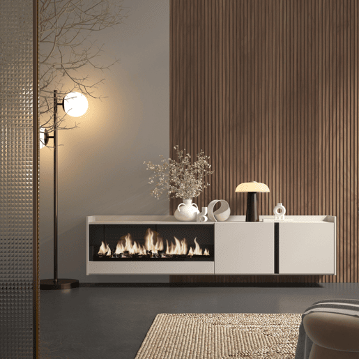 Móvel de TV, Muito espaço de arrumação, 212x35x50cm, Para televisores até 80, Lareira eléctrica XXL, Suspensos, Estilo moderno, Bege