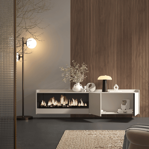 Móvel de TV, Muito espaço de arrumação, 212x35x50cm, Para televisores até 80, Lareira eléctrica XXL, Suspensos, Estilo moderno, Bege