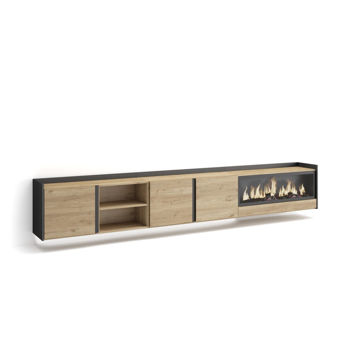 Mueble tv, televisión, muebles de salón, almacenaje, 315x35x50cm, para tv hasta 80", chimenea eléctrica xxl, colgado, suspendido, led, estilo moderno, roble y negro