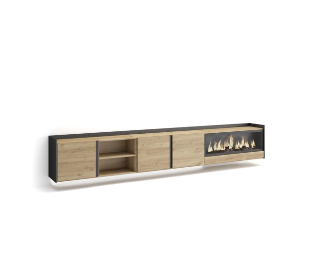 Mueble tv, televisión, muebles de salón, almacenaje, 315x35x50cm, para tv hasta 80", chimenea eléctrica xxl, colgado, suspendido, led, estilo moderno, roble y negro
