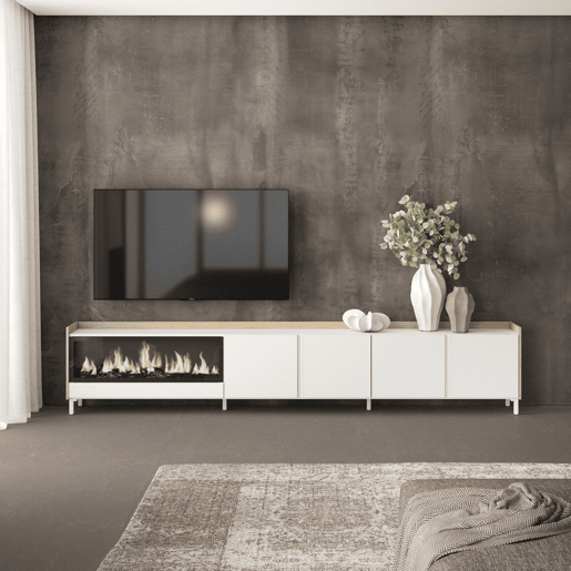 Móvel de TV, Muito espaço de arrumação, 315x35x61cm, Para televisores até 80, Lareira eléctrica XXL, Design industrial, Estilo moderno, Branco e Carvalho soft Móvel de TV, Muito espaço de arrumação, 315x35x61cm, Para televisores até 80, Lareira eléctrica XXL, Design industrial, Estilo moderno, Branco e Carvalho soft