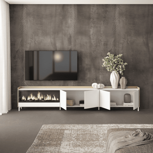 Móvel de TV, Muito espaço de arrumação, 315x35x61cm, Para televisores até 80, Lareira eléctrica XXL, Design industrial, Estilo moderno, Branco e Carvalho soft Móvel de TV, Muito espaço de arrumação, 315x35x61cm, Para televisores até 80, Lareira eléctrica XXL, Design industrial, Estilo moderno, Branco e Carvalho soft
