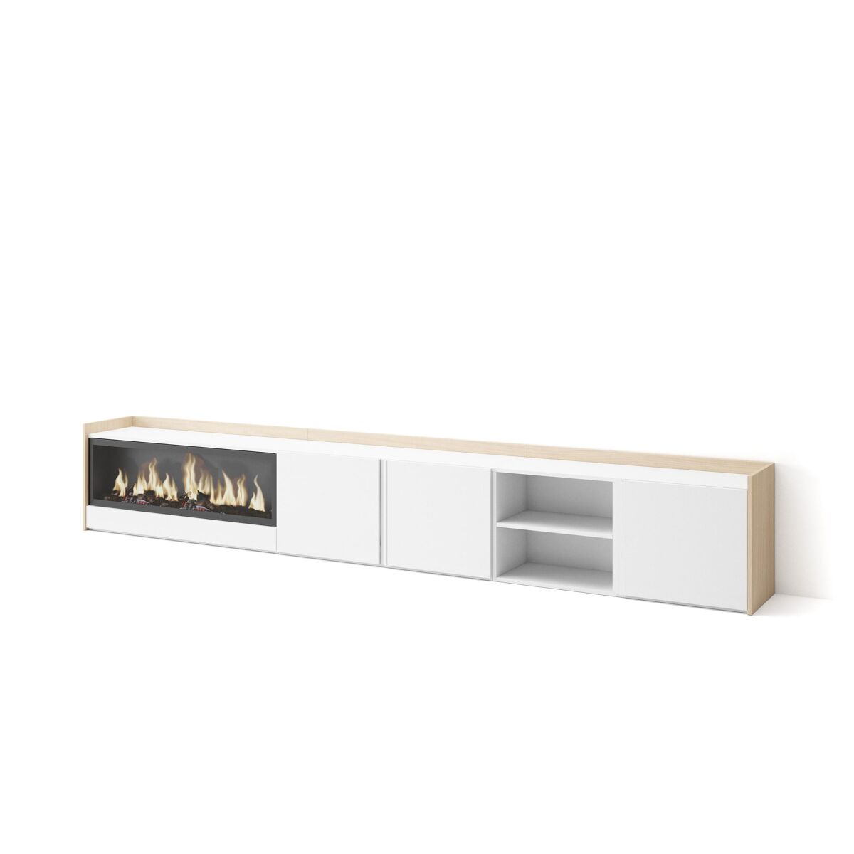 Mueble tv, televisión, muebles de salón, almacenaje, 315x35x50cm, para tv hasta 80", chimenea eléctrica xxl, estilo moderno, blanco y roble soft
