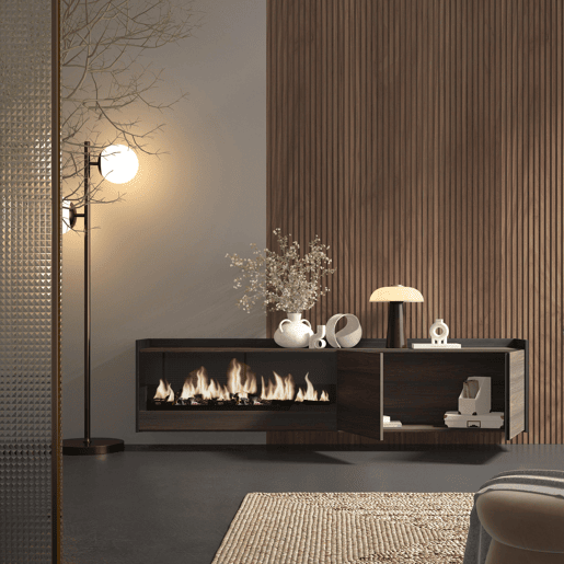 Móvel de TV, Muito espaço de arrumação, 212x35x50cm, Para televisores até 80, Lareira eléctrica XXL, Suspensos, Estilo moderno, Carvalho escuro e Preto