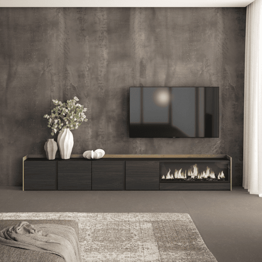 Móvel de TV, Muito espaço de arrumação, 315x35x50cm, Para televisores até 80, Lareira eléctrica XXL, Estilo moderno, Preto e Carvalho