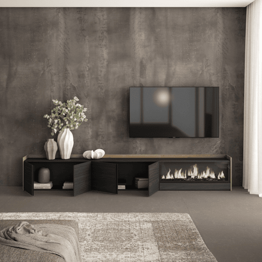 Móvel de TV, Muito espaço de arrumação, 315x35x50cm, Para televisores até 80, Lareira eléctrica XXL, Estilo moderno, Preto e Carvalho