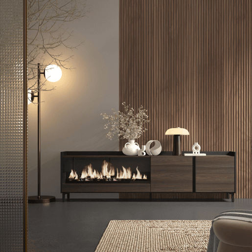 Móvel de TV, Muito espaço de arrumação, 212x35x61cm, Para televisores até 80, Lareira eléctrica XXL, Design industrial, Estilo moderno, Carvalho escuro e Preto Móvel de TV, Muito espaço de arrumação, 212x35x61cm, Para televisores até 80, Lareira eléctrica XXL, Design industrial, Estilo moderno, Carvalho escuro e Preto