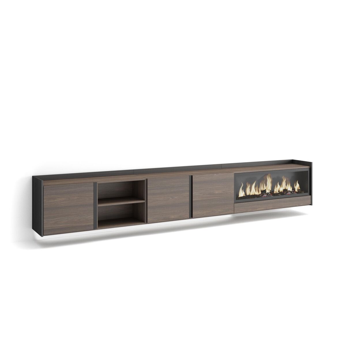 Mueble tv, televisión, muebles de salón, almacenaje, 315x35x50cm, para tv hasta 80", chimenea eléctrica xxl, colgado, suspendido, led, estilo moderno, roble oscuro y negro