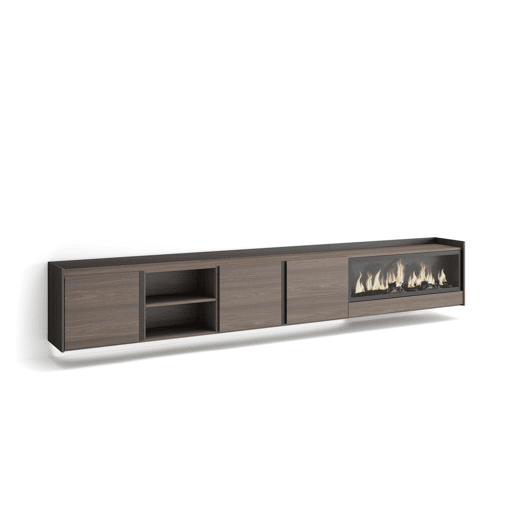 Móvel de TV, Muito espaço de arrumação, 315x35x50cm, Para televisores até 80, Lareira eléctrica XXL, Suspensos, LED, Estilo moderno, Carvalho escuro e Preto Móvel de TV, Muito espaço de arrumação, 315x35x50cm, Para televisores até 80, Lareira eléctrica XXL, Suspensos, LED, Estilo moderno, Carvalho escuro e Preto