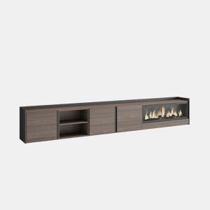 Móvel de TV, Muito espaço de arrumação, 315x35x50cm, Para televisores até 80, Lareira eléctrica XXL, Suspensos, LED, Estilo moderno, Carvalho escuro e Preto