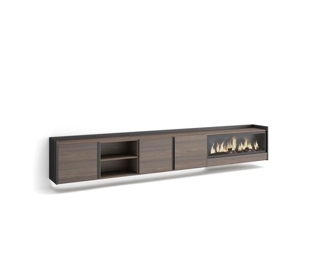 Mueble tv, televisión, muebles de salón, almacenaje, 315x35x50cm, para tv hasta 80", chimenea eléctrica xxl, colgado, suspendido, led, estilo moderno, roble oscuro y negro