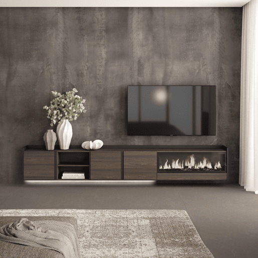 Móvel de TV, Muito espaço de arrumação, 315x35x50cm, Para televisores até 80, Lareira eléctrica XXL, Suspensos, LED, Estilo moderno, Carvalho escuro e Preto Móvel de TV, Muito espaço de arrumação, 315x35x50cm, Para televisores até 80, Lareira eléctrica XXL, Suspensos, LED, Estilo moderno, Carvalho escuro e Preto