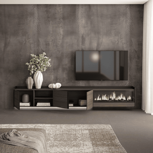 Móvel de TV, Muito espaço de arrumação, 315x35x50cm, Para televisores até 80, Lareira eléctrica XXL, Suspensos, LED, Estilo moderno, Carvalho escuro e Preto Móvel de TV, Muito espaço de arrumação, 315x35x50cm, Para televisores até 80, Lareira eléctrica XXL, Suspensos, LED, Estilo moderno, Carvalho escuro e Preto