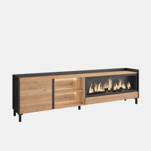 Móvel de TV, Muito espaço de arrumação, 212x35x61cm, Para televisores até 80, Lareira eléctrica XXL, Design industrial, LED, Estilo moderno, Carvalho e preto