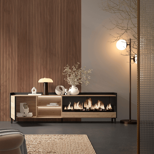 Móvel de TV, Muito espaço de arrumação, 212x35x61cm, Para televisores até 80, Lareira eléctrica XXL, Design industrial, LED, Estilo moderno, Carvalho e preto