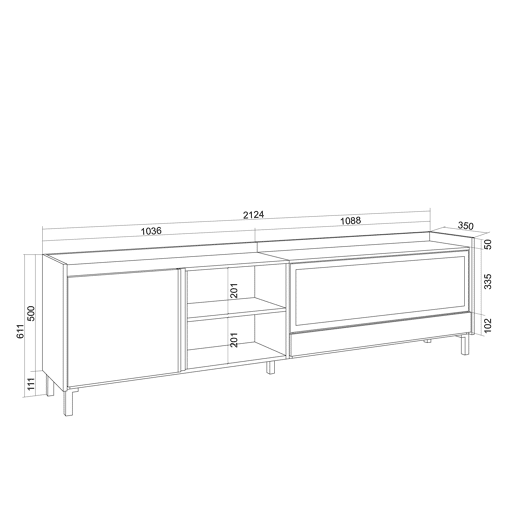Móvel de TV, Muito espaço de arrumação, 212x35x61cm, Para televisores até 80, Lareira eléctrica XXL, Design industrial, LED, Estilo moderno, Carvalho e preto