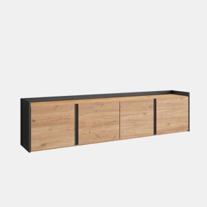 Móvel de TV, Muito espaço de arrumação, 207x35x50cm, Para televisores até 80, Suspensos, LED, Estilo moderno, Carvalho e preto