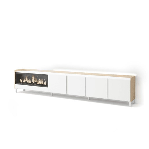 Móvel de TV, Muito espaço de arrumação, 315x35x61cm, Para televisores até 80, Lareira eléctrica XXL, Design industrial, LED, Estilo moderno, Branco e Carvalho soft