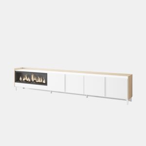 Móvel de TV, Muito espaço de arrumação, 315x35x61cm, Para televisores até 80, Lareira eléctrica XXL, Design industrial, LED, Estilo moderno, Branco e Carvalho soft