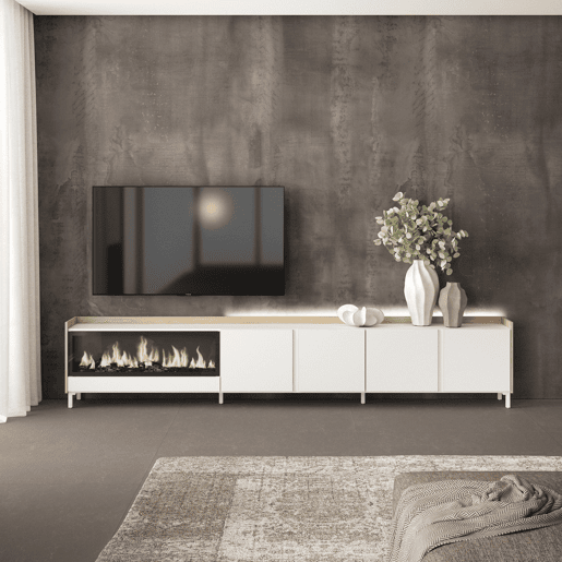 Móvel de TV, Muito espaço de arrumação, 315x35x61cm, Para televisores até 80, Lareira eléctrica XXL, Design industrial, LED, Estilo moderno, Branco e Carvalho soft