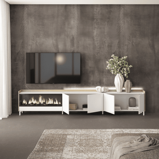 Móvel de TV, Muito espaço de arrumação, 315x35x61cm, Para televisores até 80, Lareira eléctrica XXL, Design industrial, LED, Estilo moderno, Branco e Carvalho soft