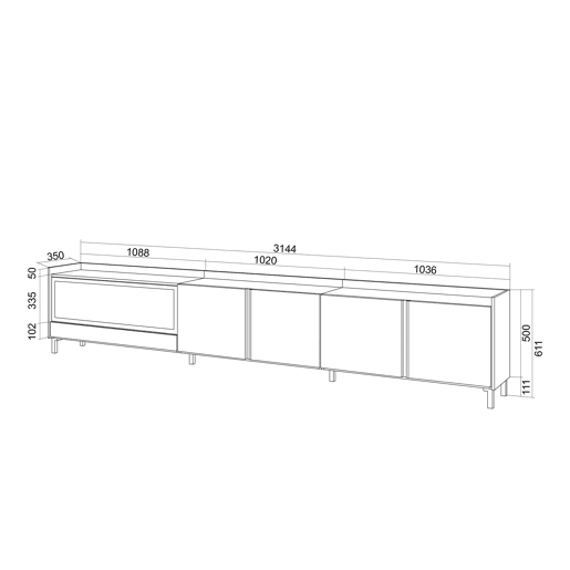 Móvel de TV, Muito espaço de arrumação, 315x35x61cm, Para televisores até 80, Lareira eléctrica XXL, Design industrial, LED, Estilo moderno, Branco e Carvalho soft