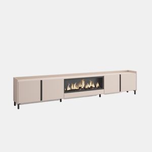 Móvel de TV, Muito espaço de arrumação, 315x35x61cm, Para televisores até 80, Lareira eléctrica XXL, Design industrial, Estilo moderno, Bege