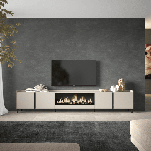 Móvel de TV, Muito espaço de arrumação, 315x35x61cm, Para televisores até 80, Lareira eléctrica XXL, Design industrial, Estilo moderno, Bege Móvel de TV, Muito espaço de arrumação, 315x35x61cm, Para televisores até 80, Lareira eléctrica XXL, Design industrial, Estilo moderno, Bege