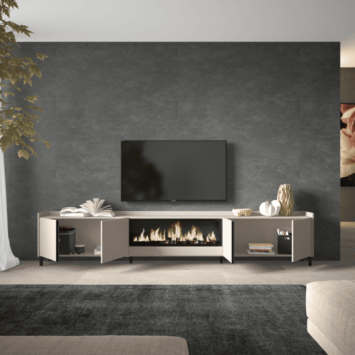 Móvel de TV, Muito espaço de arrumação, 315x35x61cm, Para televisores até 80, Lareira eléctrica XXL, Design industrial, Estilo moderno, Bege Móvel de TV, Muito espaço de arrumação, 315x35x61cm, Para televisores até 80, Lareira eléctrica XXL, Design industrial, Estilo moderno, Bege