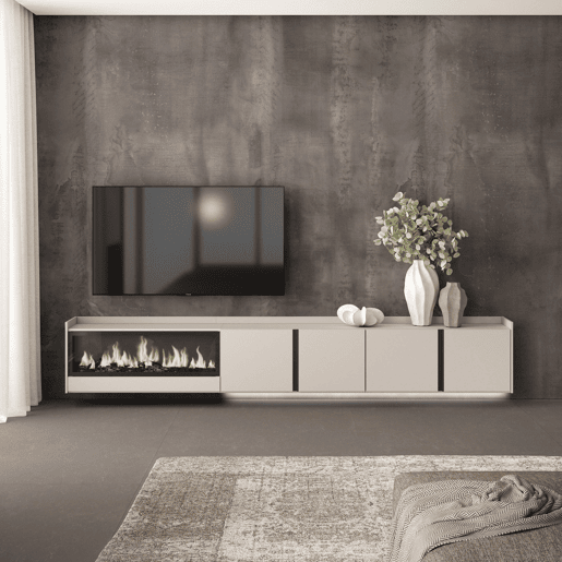 Móvel de TV, Muito espaço de arrumação, 315x35x50cm, Para televisores até 80, Lareira eléctrica XXL, Suspensos, LED, Estilo moderno, Bege Móvel de TV, Muito espaço de arrumação, 315x35x50cm, Para televisores até 80, Lareira eléctrica XXL, Suspensos, LED, Estilo moderno, Bege