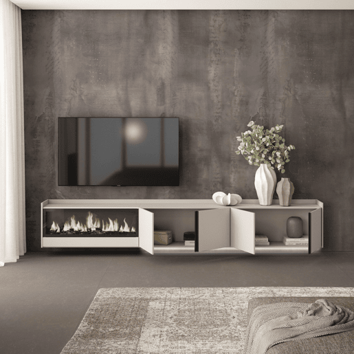 Móvel de TV, Muito espaço de arrumação, 315x35x50cm, Para televisores até 80, Lareira eléctrica XXL, Suspensos, LED, Estilo moderno, Bege Móvel de TV, Muito espaço de arrumação, 315x35x50cm, Para televisores até 80, Lareira eléctrica XXL, Suspensos, LED, Estilo moderno, Bege