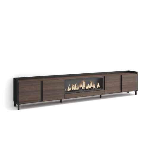 Móvel de TV, Muito espaço de arrumação, 315x35x61cm, Para televisores até 80, Lareira eléctrica XXL, Design industrial, Estilo moderno, Carvalho escuro e Preto