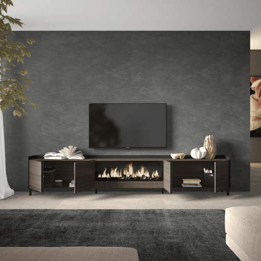 Móvel de TV, Muito espaço de arrumação, 315x35x61cm, Para televisores até 80, Lareira eléctrica XXL, Design industrial, Estilo moderno, Carvalho escuro e Preto